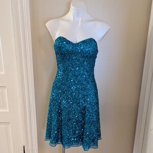Y2K Scala teal sequin strapless silk dress size 2